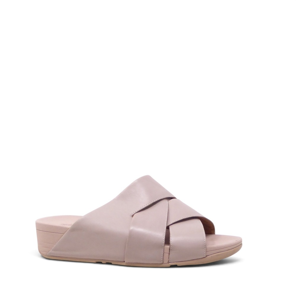 FitFlop Mocca Novaweave Womens Sandals Pink Leather Cross Slide Wedge 8